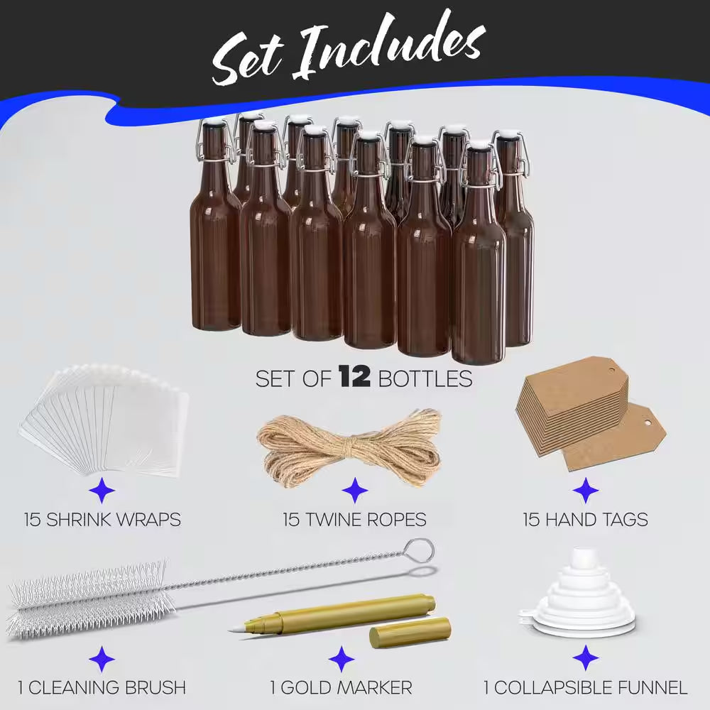 12-Pack 16 Oz. Brown Glass Beer Bottles with Swing Top Stoppers, Bottle Brush, Funnel, and Gold Glass Marker