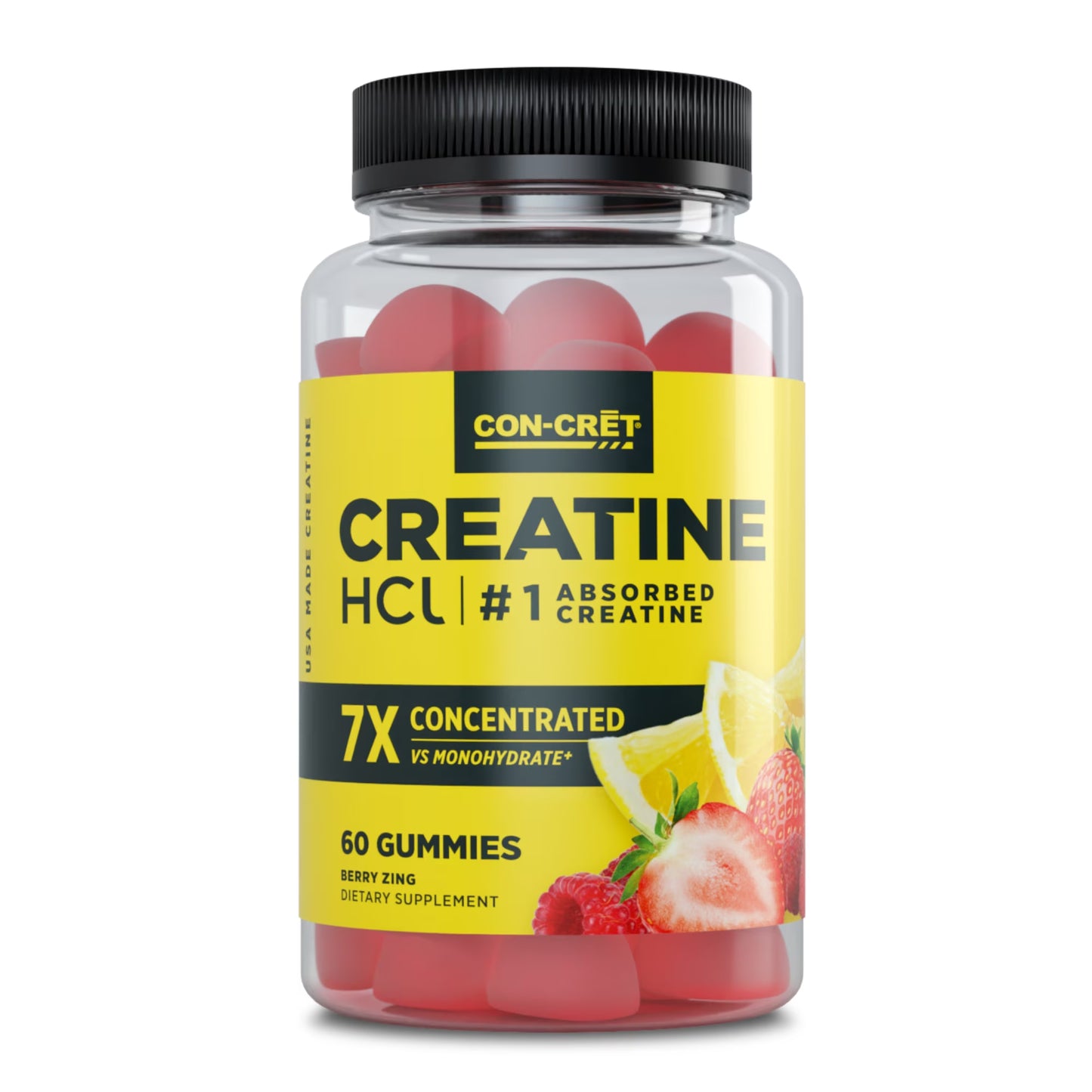 (3 Pack) CON-CRET Creatine Hcl Gummies, Sour Berry Zing Flavor, Supports Muscle & Brain Health, 60 Count