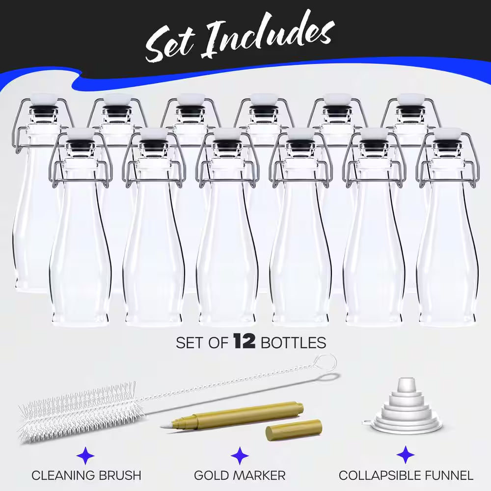 8.5 Oz. Clear Glass Bottles with Swing Top Stoppers, Bottle Brush, Funnel, and Gold Glass Marker (Set of 12)