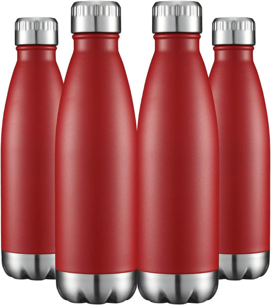 HASLE OUTFITTERS 17Oz Stainless Steel Water Bottles Bulk, Vacuum Insulated Water Bottles Double Walled Powder Coated Reusable Metal Sports Water Bottles Keep Drinks Hot and Cold, Red, 4Packs