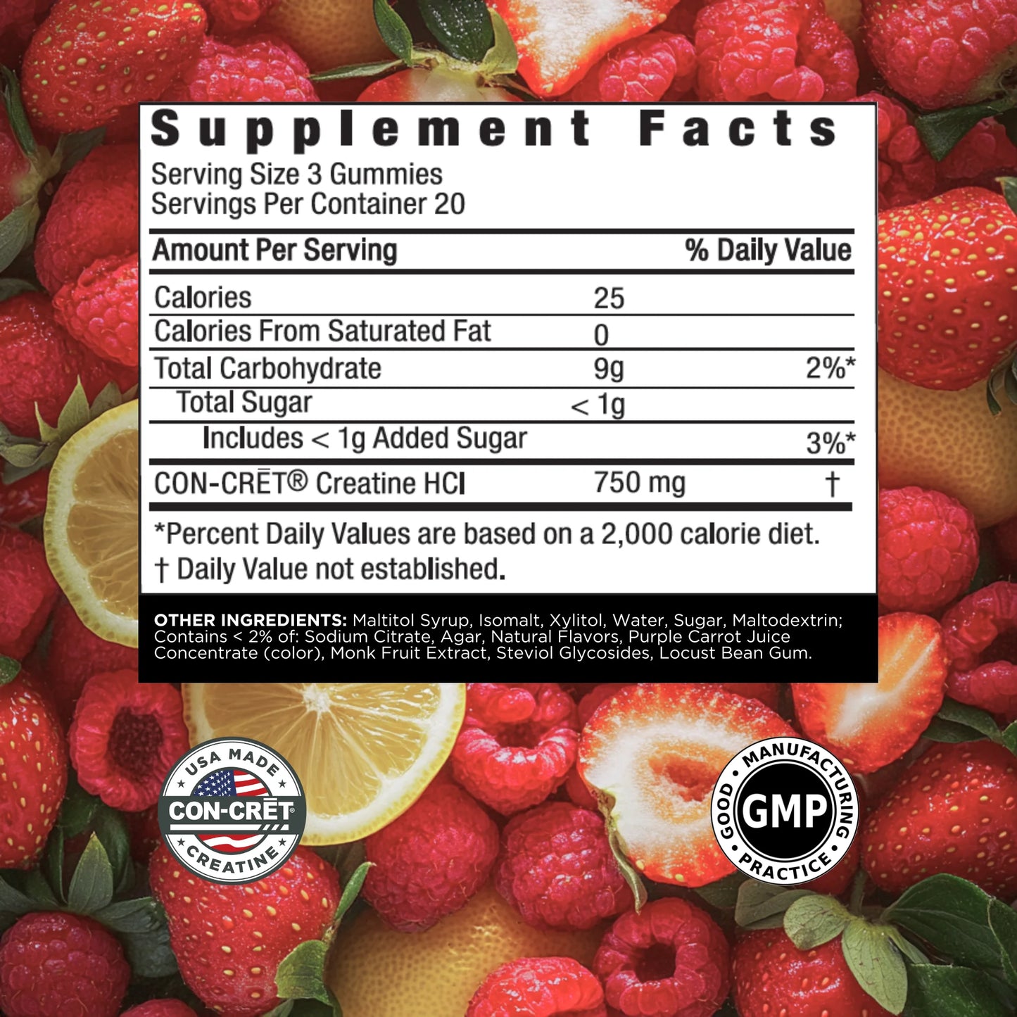 (3 Pack) CON-CRET Creatine Hcl Gummies, Sour Berry Zing Flavor, Supports Muscle & Brain Health, 60 Count