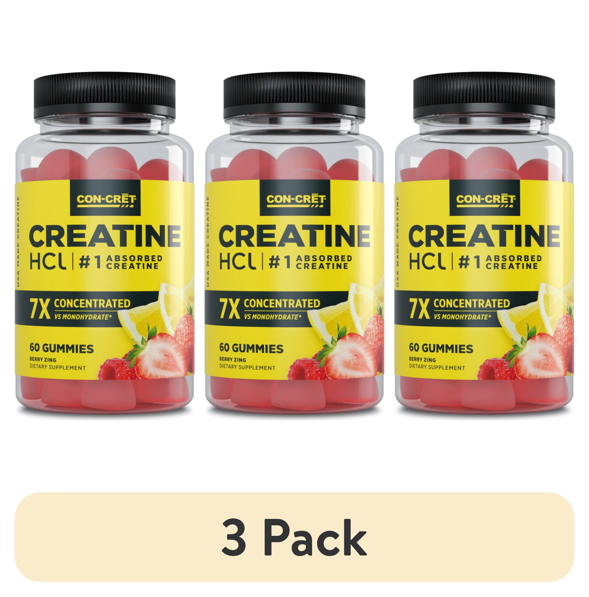 (3 Pack) CON-CRET Creatine Hcl Gummies, Sour Berry Zing Flavor, Supports Muscle & Brain Health, 60 Count
