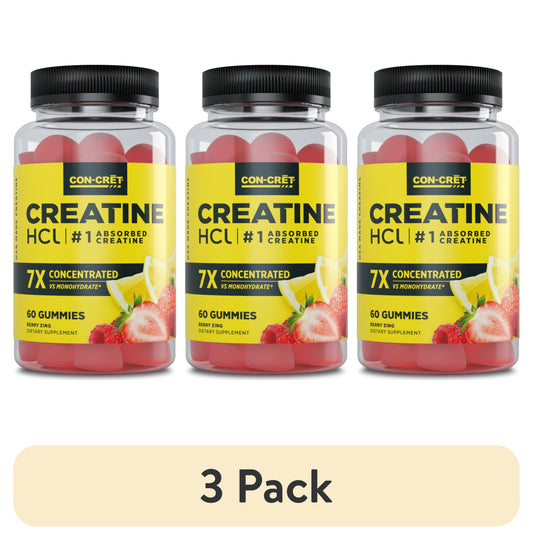 (3 Pack) CON-CRET Creatine Hcl Gummies, Sour Berry Zing Flavor, Supports Muscle & Brain Health, 60 Count
