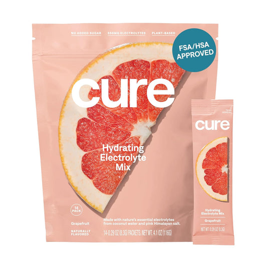 Cure Hydrating Plant-Based Electrolyte Powder for Dehydration Relief - Coconut Water Infused, Sugar-Free, Vegan & Paleo Friendly, 14 Packets - Grapefruit Flavor