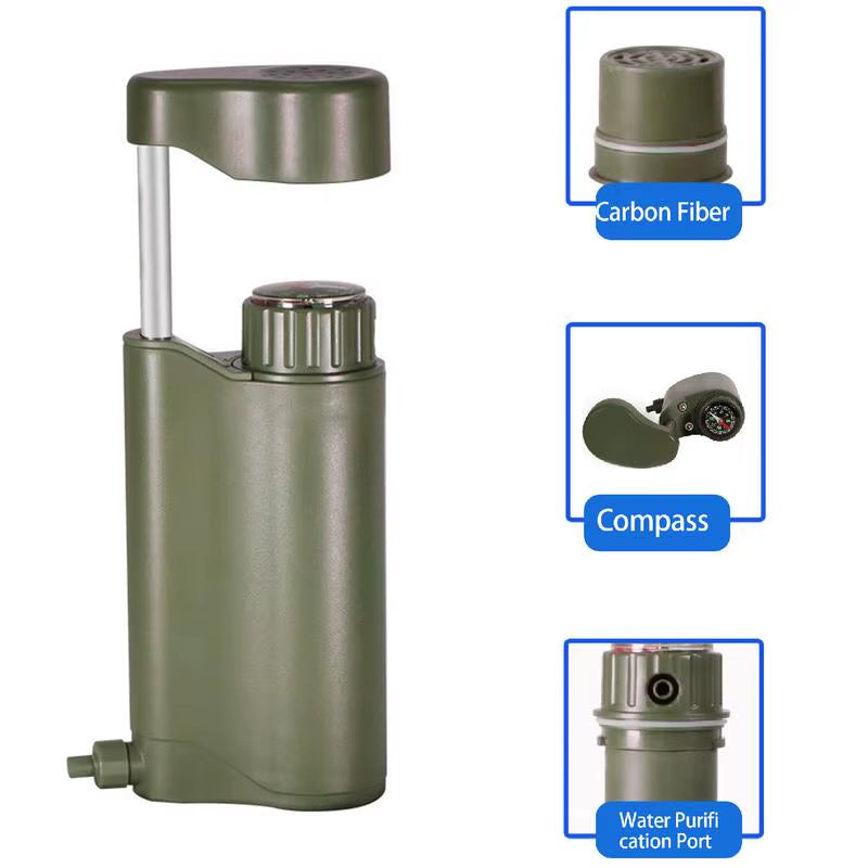 6-Stage Lightweight Water Filter Hand Pump System for Backpacking and Camping with 0.01μm Filtration and Integrated Compass