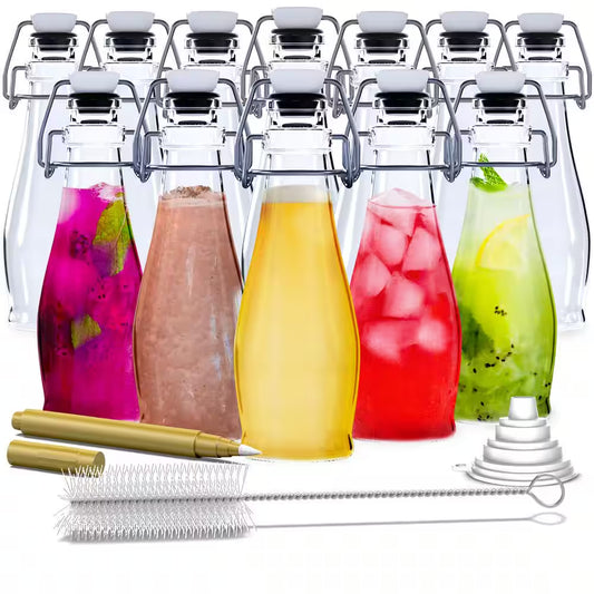 8.5 Oz. Clear Glass Bottles with Swing Top Stoppers, Bottle Brush, Funnel, and Gold Glass Marker (Set of 12)