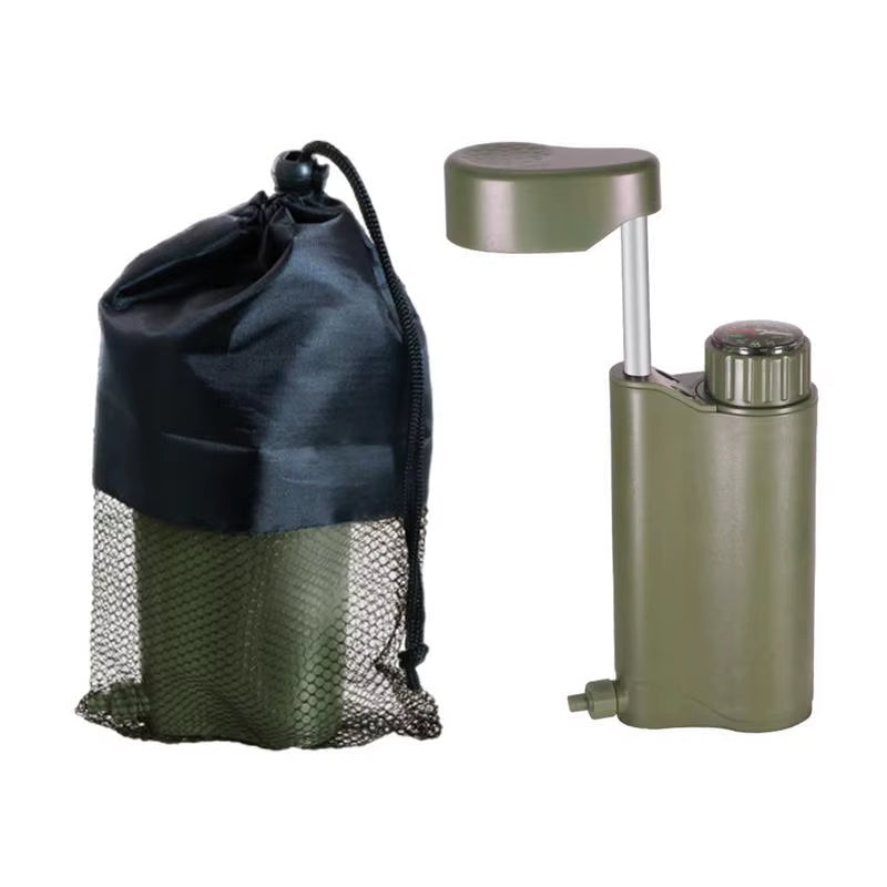 6-Stage Lightweight Water Filter Hand Pump System for Backpacking and Camping with 0.01μm Filtration and Integrated Compass