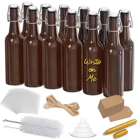 12-Pack 16 Oz. Brown Glass Beer Bottles with Swing Top Stoppers, Bottle Brush, Funnel, and Gold Glass Marker