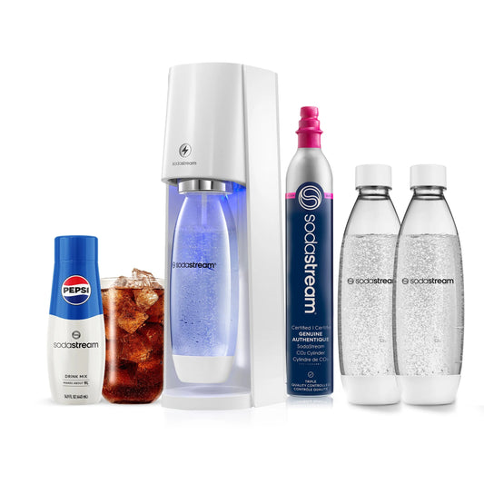 E-Terra White Sparkling Water Maker Bundle with CO2, DWS Bottles, and Pepsi Flavor Mix
