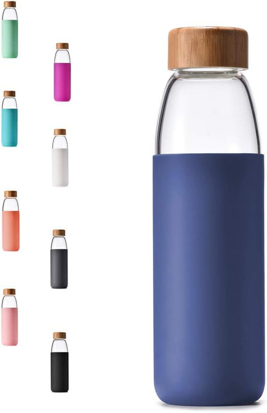 Veegoal 18 Oz Borosilicate Glass Water Bottles with Bamboo Lid, BPA-FREE, Non-Slip Silicone Sleeve, and Stainless Steel Leak Proof Lid - Reusable Glass Bottle for Men and Women